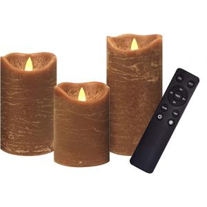 iZAN 3 Pack Real Wax Flameless Candles Battery Operated LED Pillar Flickering Realistic Electric Candle Gift Sets with Remote Control and Cycling 24 Hours Timer 3D X 4" 5" 6" H (Brown)