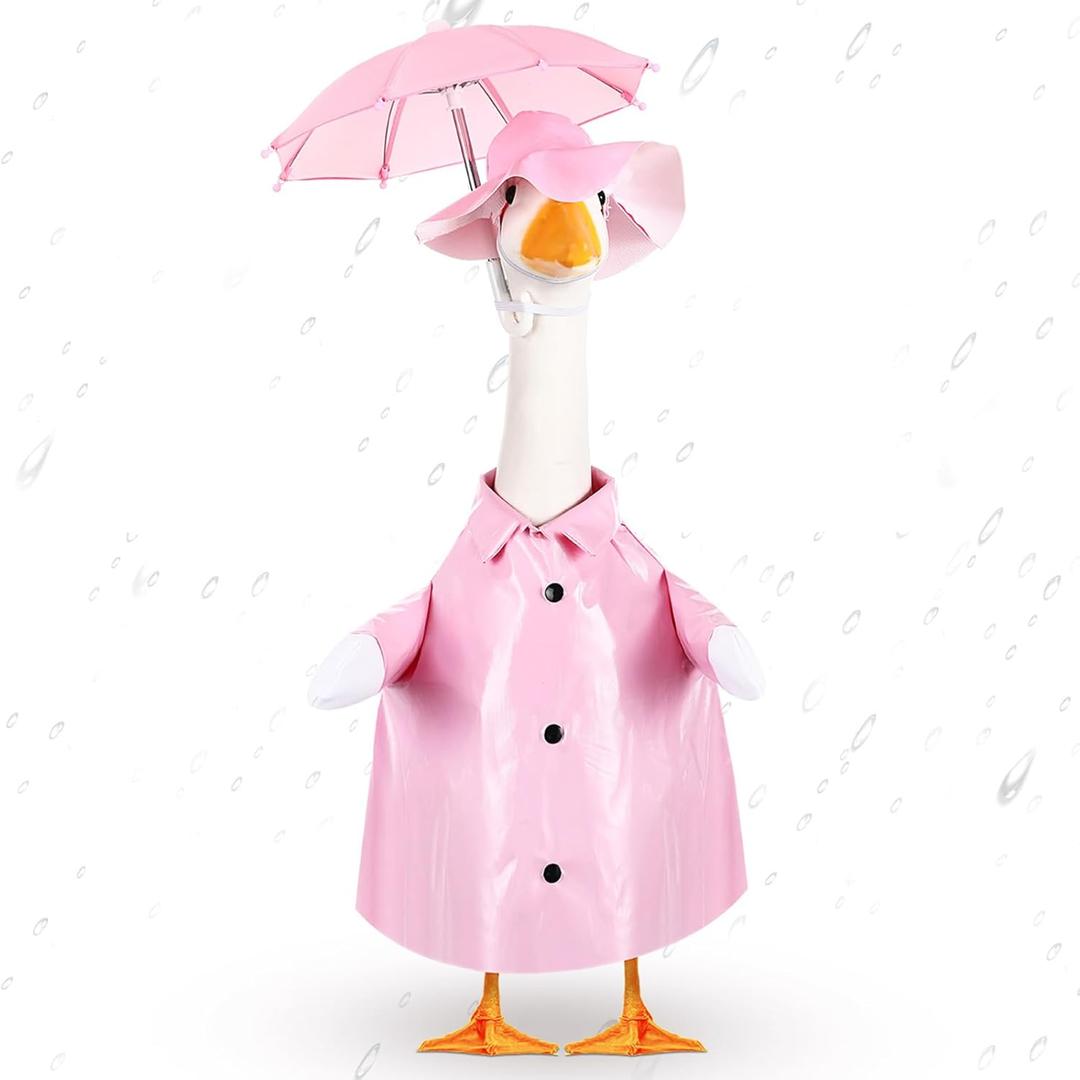Spring Baby Goose Outfit Raincoat and Umbrella for 17'' Lawn Porch Baby Goose Costume Plastic Raincoat Clothes for Spring Outdoor Patio Yard Lawn Decoration(Pink)