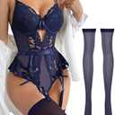 Lilosy Sexy Stocking Lace Mesh Bodysuit Top Underwire Garter Lingerie Set 3 Piece L