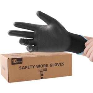 LANON Safety Work Gloves for Men and Women, 18 Pairs Mechanic Black Working Gloves with Grip Odorless PU Coated, Seamless Knit, Full Fingertip Touchscreen for Light Duty Working Gloves, Small