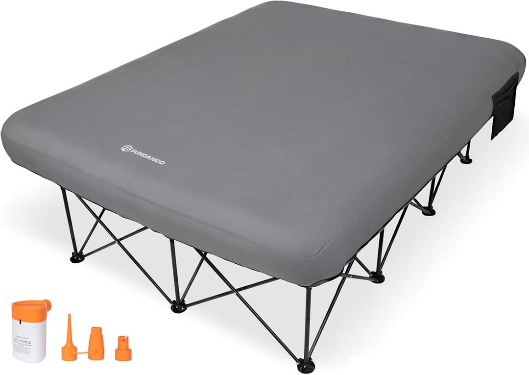 FUNDANGO Queen Cot 2 Person with Electric Pump, Folding Camping Airbed Mattress 600lbs with 2 Cup Holders, Removeable Cover for Adults Outdoor Indoor Tent, Carry Bag Included (Grey)
