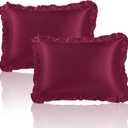 Red Ruffle Satin Pillowcase Standard Size Set of 2, Wine Red Imitate Silk Pillow Cases for Hair and Skin with Envelope Ruffle Closure, Farmhouse Pillow Shams Room Decorative Gift for Women (20"x26")