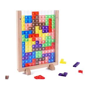 Wooden Blocks Puzzle Brain Teasers Toy, Intelligent Colorful 3D Plastic Blocks Game with Vertical Wood Frame Game Board, Tangram Educational Montessori Toys Gift for Kids Age 4-8 Years Old