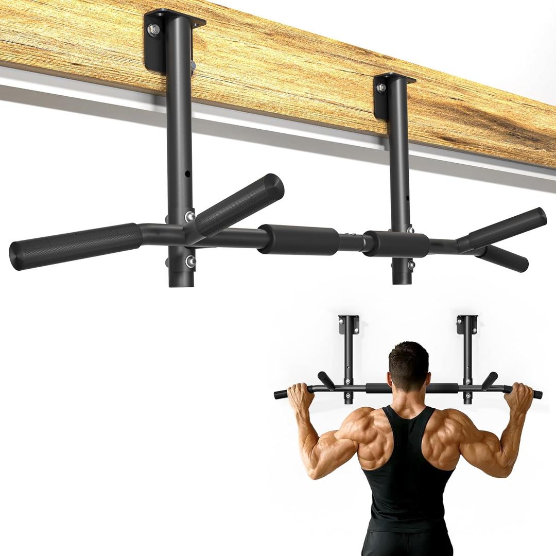 Joist Mounted Pull Up Bar, 3 in 1 Chin Up Bar Ceiling Mount Adjustable Height, 42" Wide Bar for Home Gym Cross Training Strength Building, Up to 350LBS (black)
