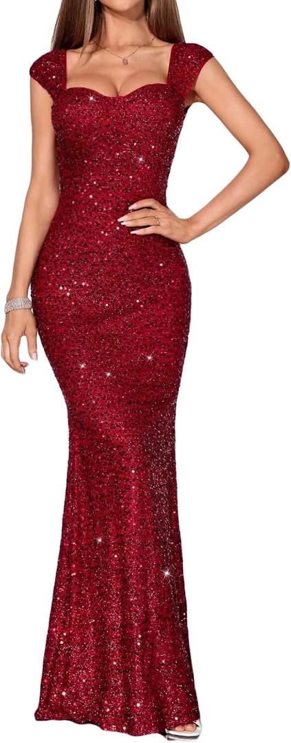 Madam Uniq Formal Dress Sequin Fishtail Sleeveless 1920s Gatsby Cocktail Prom Elegant Maxi Evening Gowns for Women (Red, M)