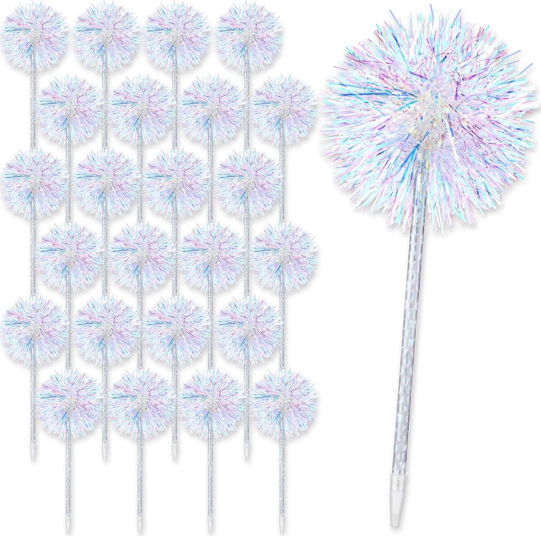24 Pcs Foil Firework Pens Pom Pom Ballpoint Pens Bulk Happy Birthday Party Favor Supply Glitter Sparkly Tinsel Princess Pen Goodie Bag Stuffer Wedding Party Decorations Gift(Silver)