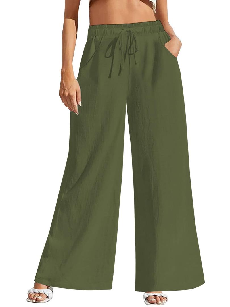 Womens Wide Leg Linen Pants High Waisted Summer Palazzo Pants with Pockets (Green, XS)