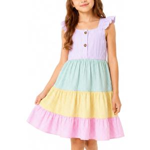 Girls Rainbow Summer Dress, Flutter Sleeve Tiered Sundress for Beach Vacation Muti Color 13-14 Years