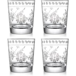 Joeyan Hand Blown Etched Drinking Glasses,Clear Water Glass Cups with Floral Pattern,Aesthetic Tumblers Glassware Set for Beverages Juice Cocktail Whiskey,9 oz,Set of 4,Dishwasher Safe