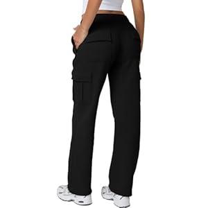 QINSEN Baggy Medium Waist Elastic Sweatpants for Womens Casual Long Fleece Cargo Pants with Pockets (Small)