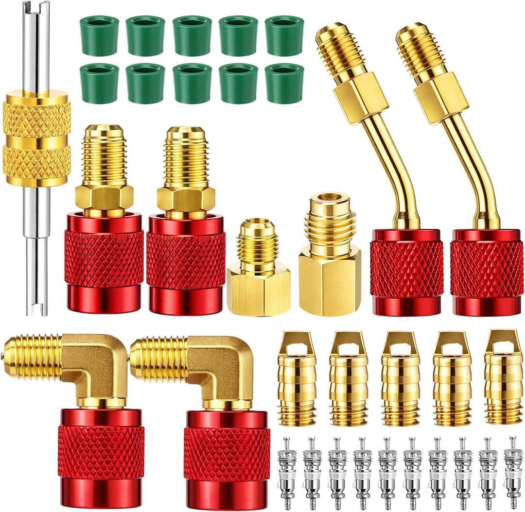 34 Pcs R410a Adapter Kit Mini Split Adapter 45° 90° Refrigerant Hose Connector,5/16'' Female 1/4'' Male, 1/2'' to 1/4'' Tank Connector with Valve Core Remover Thimble for Split System (Red)