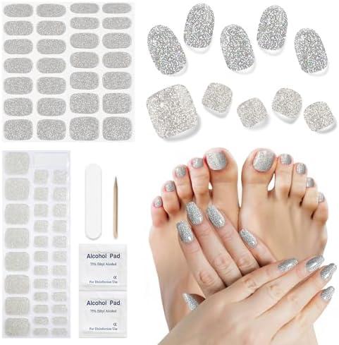 DUKASOU Semi Cured Gel Nail Strips & Toenail Strips 2 Set (Shiny Silver), Gel Nail Stickers Wraps, Long Lasting, Gifts for Women, Works with UV Lights, Includes Prep Pads, NailFile & Wooden Stick