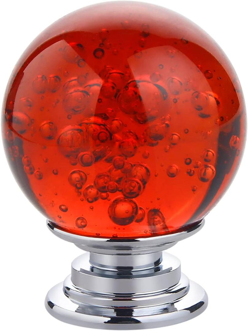 10 PCS Crystal Cabinet Knobs Round Glass Bubbles Dresser Knobs Smooth Drawer Knobs Handle for Home, Cabinet, Drawer and Dresser Hardware with 3 Different Size Screws, 30MM (Red)