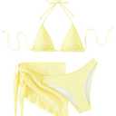 SHENHE Women's 3 Piece Textured High Cut Halter Triangle Bikini Swimsuit with Cover Up Yellow Plain L
