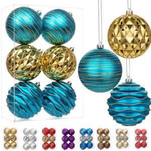 4.3" Large Christmas Balls Ornaments Set of 6, Shatterproof Plastic Ornaments for Xmas Tree Decorations, Blue and Gold Christmas Tree Bulbs Ornament for Mantel Garland Centerpieces, Xmas, Winter Decor