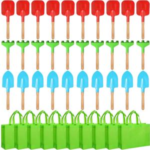 Liliful 40 Pcs Kids Gardening Tools 10 Garden Rake 10 Garden Shovel 10 Garden Trowel 10 Green Tote Bags Metal Garden Tools with Wooden Handle Beach Sandbox Toy for Planting Loosening Digging
