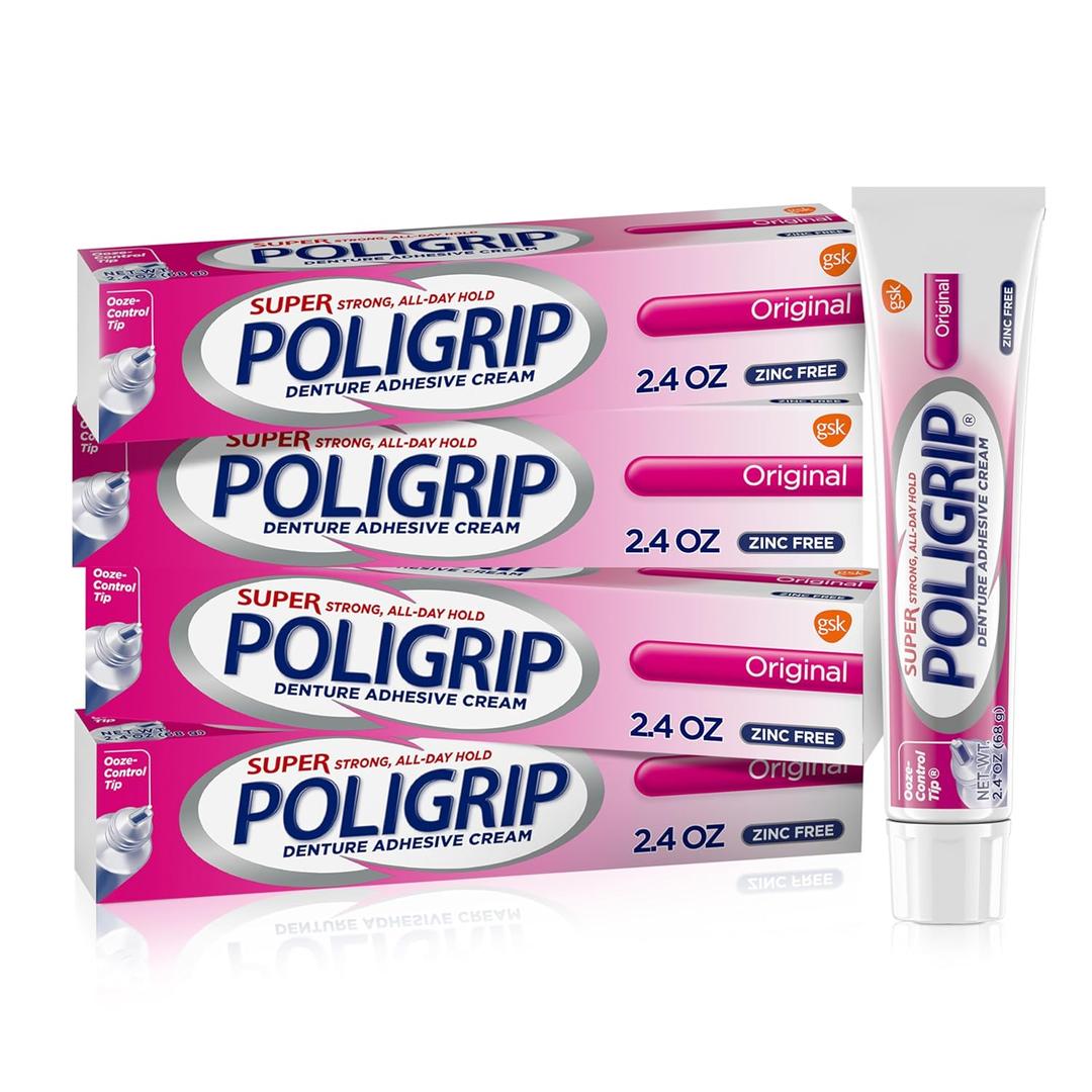 Super Poligrip Original Denture Adhesive Cream, Zinc Free Denture Cream for Dentures - 2.4 Ounces (Pack of 4) (2.4 Ounce (Pack of 4))