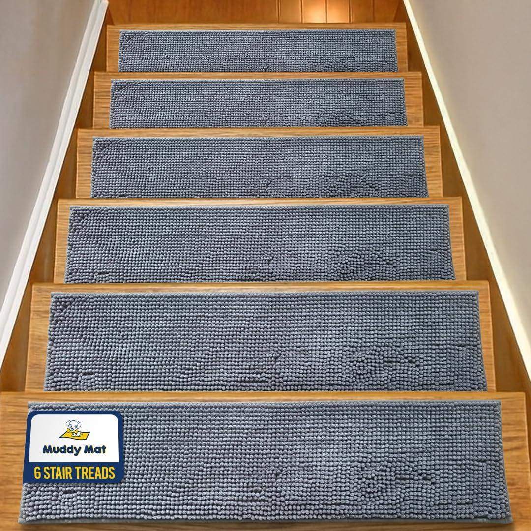 Muddy Mat Pack of 6 - Soft Chenille Stair Treads Non-Slip Reusable, Super Absorbent Stair Treads for Wooden Steps, Tile & Marble Floor, Easy to Install & Machine Washable - Grey 30'' x 7''