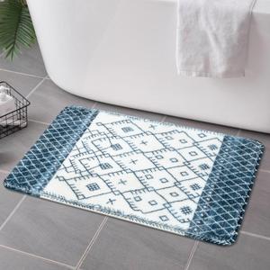 Uphome Bath Rugs for Bathroom, Moroccan Geometric Small Bath Rug, Non Slip Washable Soft Velvet Bath Mats for Bathroom Floor, Dark Blue Boho Farmhouse Toilet Rug for Sink Tub Shower, 18x26 inch