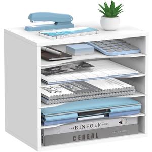 5-Tier Wood Desk Organizer, Paper Tray Organizer for Desk with Adjustable Storage Shelves, Desktop File Organization Paper Sorter Mail Holder for Office Home Classroom, White