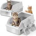 Stainless Steel Litter Box, 2 Pack XL Metal Cat Litter Boxes with Lid High Sided Enclosed for Big Cat and Multiple Cats, Anti-Urine Leakage | Non-Stick Bottom & Includes Scoop (Silver Gray)