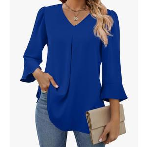 Funlingo Womens 3/4 Length Sleeve Tops Dressy Casual V Neck Business Chiffon Blouses Pleated Trendy Work Shirts Medium