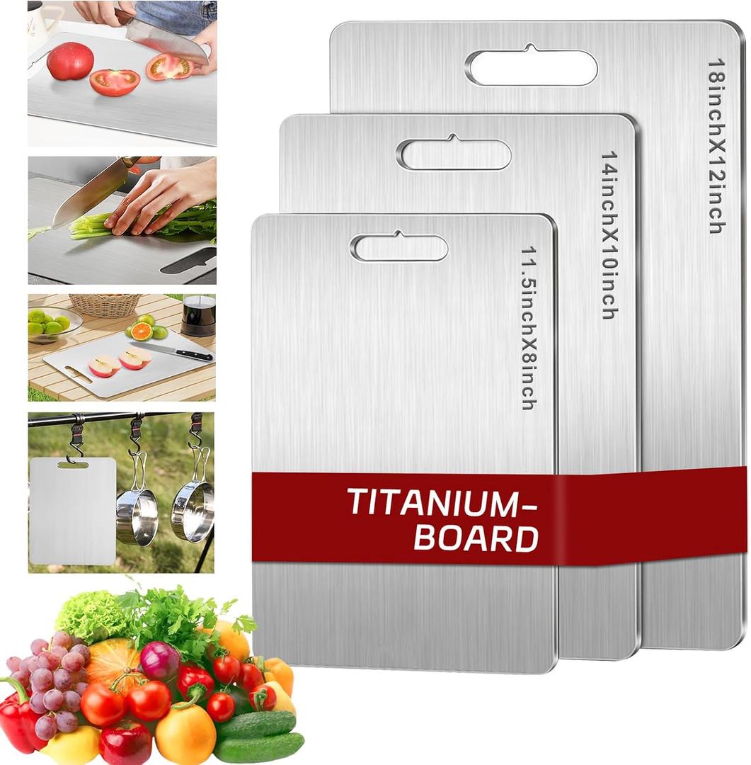Titanium Cutting Board Set of 3, 3 PCS Upgraded Pure Titanium Cutting Boards for Kitchen, Double Sided Food Grade Non Stick Chopping Cutting Boards for Meats, Fruits And Vegetables (Set of 3)