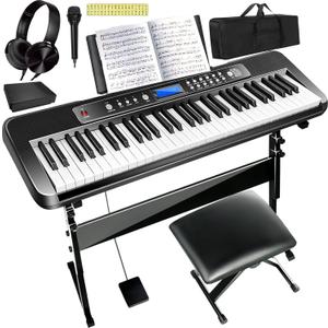 AQNIEGEP Pro 61-Key Electric Keyboard Piano w/LCD & Sustain Pedal, Full-Size Studio Keyboard w/Stand, Bench, Headphones, Mic, 200 Timbres/Rhythms, 80 Songs, Professional Piano Keyboard for All Levels, Compact