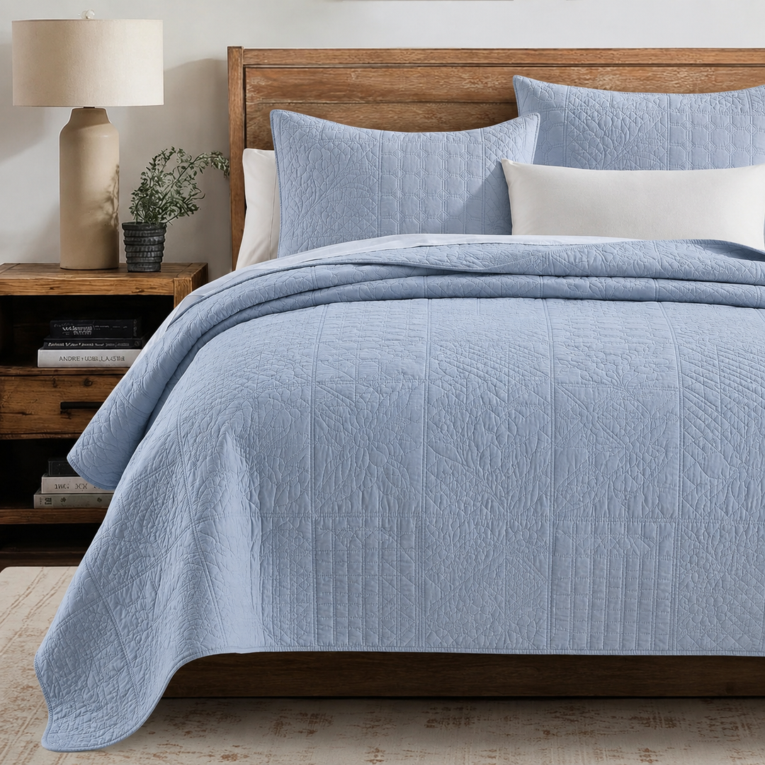 HORIMOTE HOME 100% Cotton Quilt Set Queen Size, Adriatic Blue Pre-Washed Bedspreads Coverlet Set in Geometric Pattern, Cozy Lightweight Stitching Decorative Bedding Cover with 2 Shams for All Season