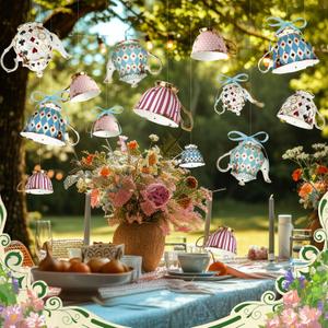 Epakh 20 Pcs Wonderland Tea Party Decoration Vintage Teapot Cardboard Hanging Banner Wonderland Teapot Garland Decoration Background for Birthday Baby Shower Women Princesses Party Supplies