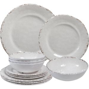 Farmhouse Melamine Dinnerware Sets,12 Pieces Dishes Dinnerware Set,Service for 4 Lightweight Kitchen Plates and Bowls Sets, Great for Casual dining and Outdoor Parties Camping or RVs, White
