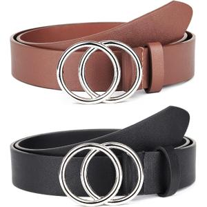 Pack 2 Women Belts for Jeans with Fashion Double O-Ring Buckle and Faux Leather (Brown)