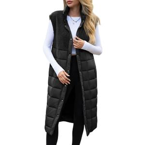 UMEKO Women's Long Puffer Vest Fleece Jacket Winter Button Down Sleeveless Coats (Medium, Black)
