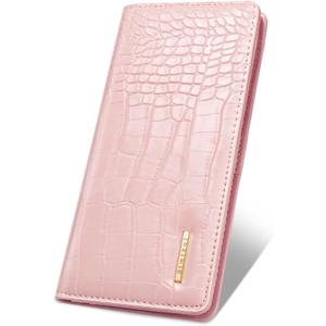 Wallet Women Bifold Faux Crocodile Leather Minimalist Slim Thin Long Wallets RFID Blocking Credit Cards Holder Purse with Back Zipper Coin Pocket for Women and Men,Pink