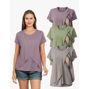 Rnxrbb 3 Pack Women's Nursing Tops for Breastfeeding Summer Short Sleeve T Shirts Postpartum Double Layer Clothes, Size L
