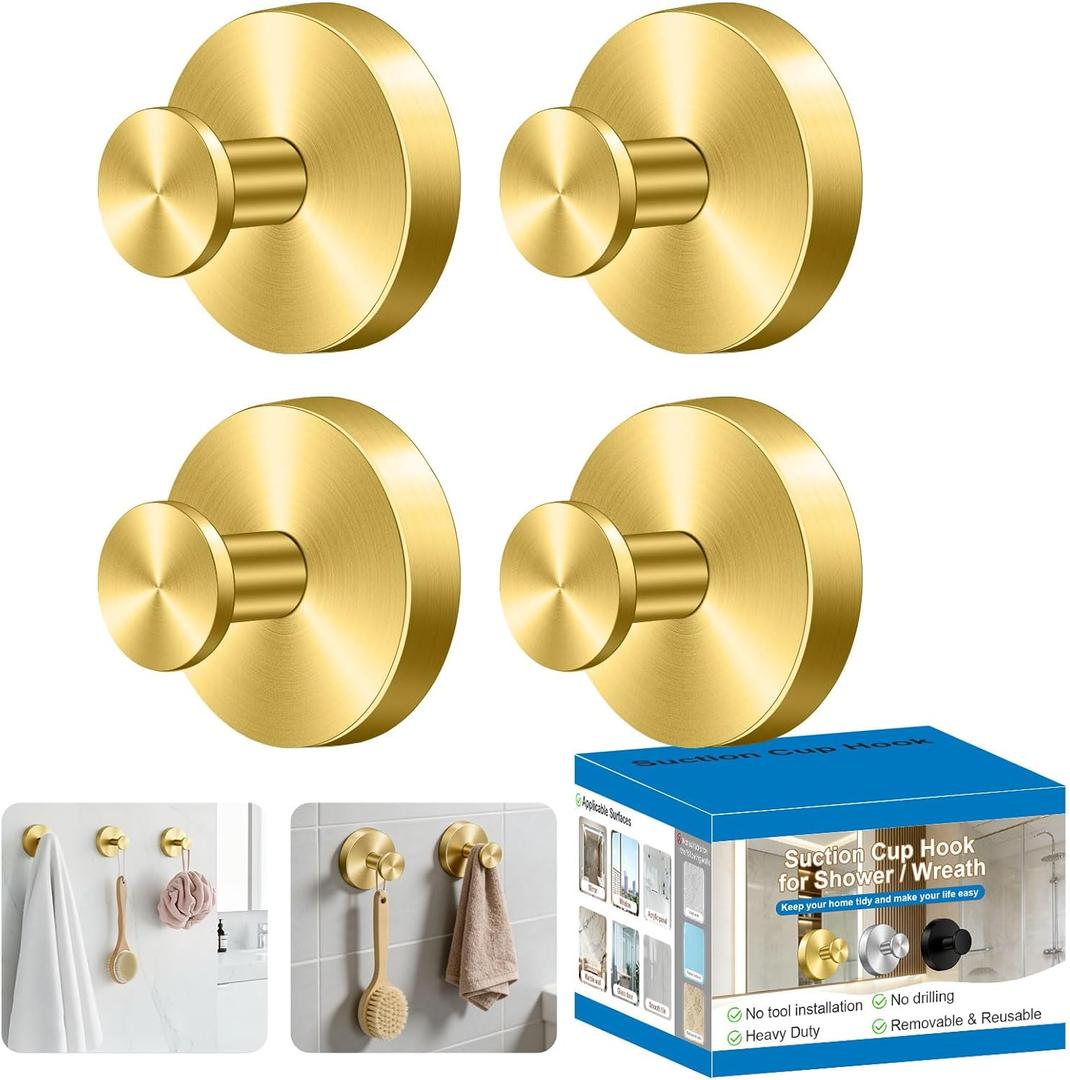 Herda Suction Cup Hooks Heavy Duty Wreath Hangers for Front Door, Stainless Steel Suction Cup Hooks for Shower, Glass, Windows, Walls Waterproof Drill-Free Towel Hooks, Holds Up to 15 Lbs-4 Pack, Gold