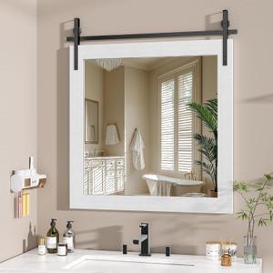 Hasipu Farmhouse Bathroom Mirror, 31"x31" Rustic Wood Framed Wall Mounted Mirror, White Vintage Vanity Mirror Barn Door Style Decrative Mirrors