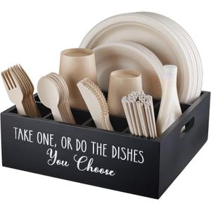 ALELION Paper Plate Dispenser for Countertop - Wooden Utensil Holder Organizer for Party - Silverware Caddy for Plate, Cup, Fork, Spoon - Cutlery Holder with Handles for Kitchen Camping Buffet