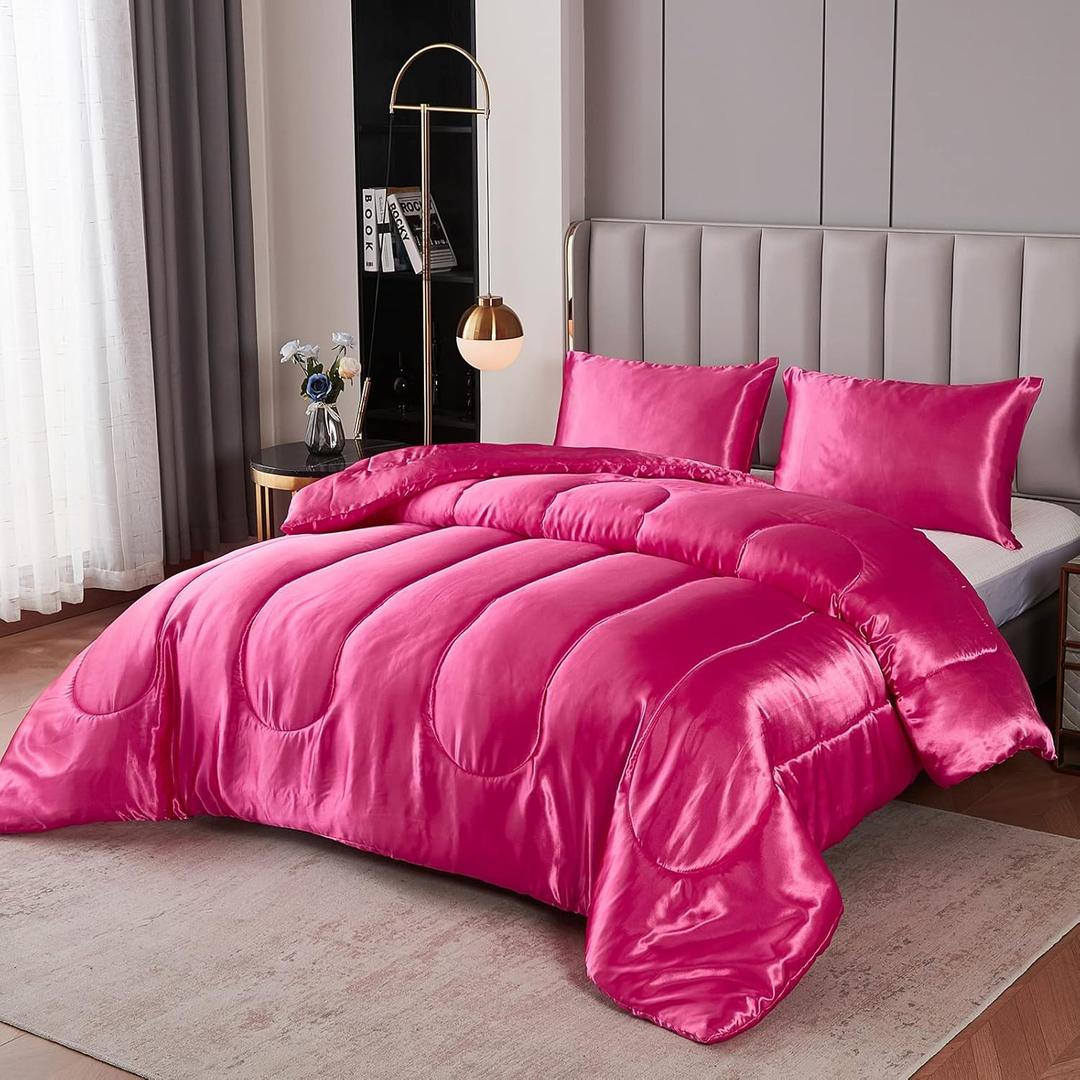 Satin Comforter Set Queen - Silk-Like Hot Pink Alternative Down Comforter, Soft Polyester Filling, Luxury Silky Bedding Set With 1 Comforter and 2 Pillowcases (Queen, Hot Pink)