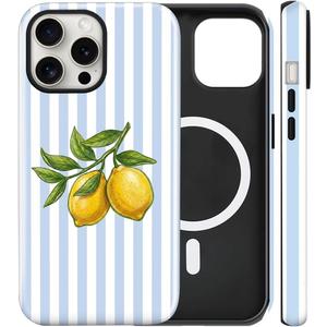 Magnetic for iPhone 16 Pro Case Cute Lemon Stripes Phone Case, Shockproof Slim TPU and Hard PC Protective Phone Cover Compatible with MagSafe Designed for Women Girls, Blue