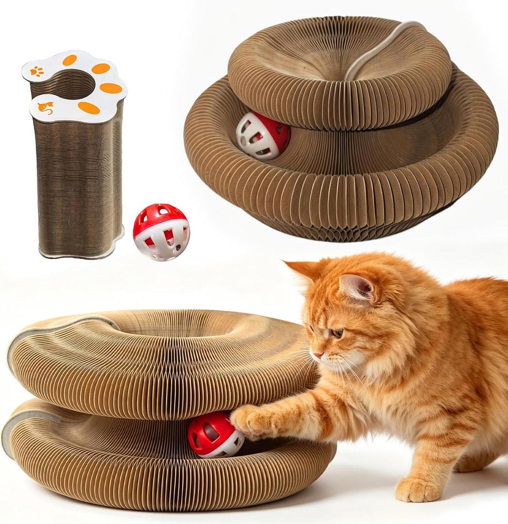 2-Pack Magic Organ Cat Toy | Kitty Curls Cat Toy | Reversible Cat Scratcher Pad with Bell Balls, Corrugated Cardboard Scratching Board for Indoor Cats, Furniture Protection