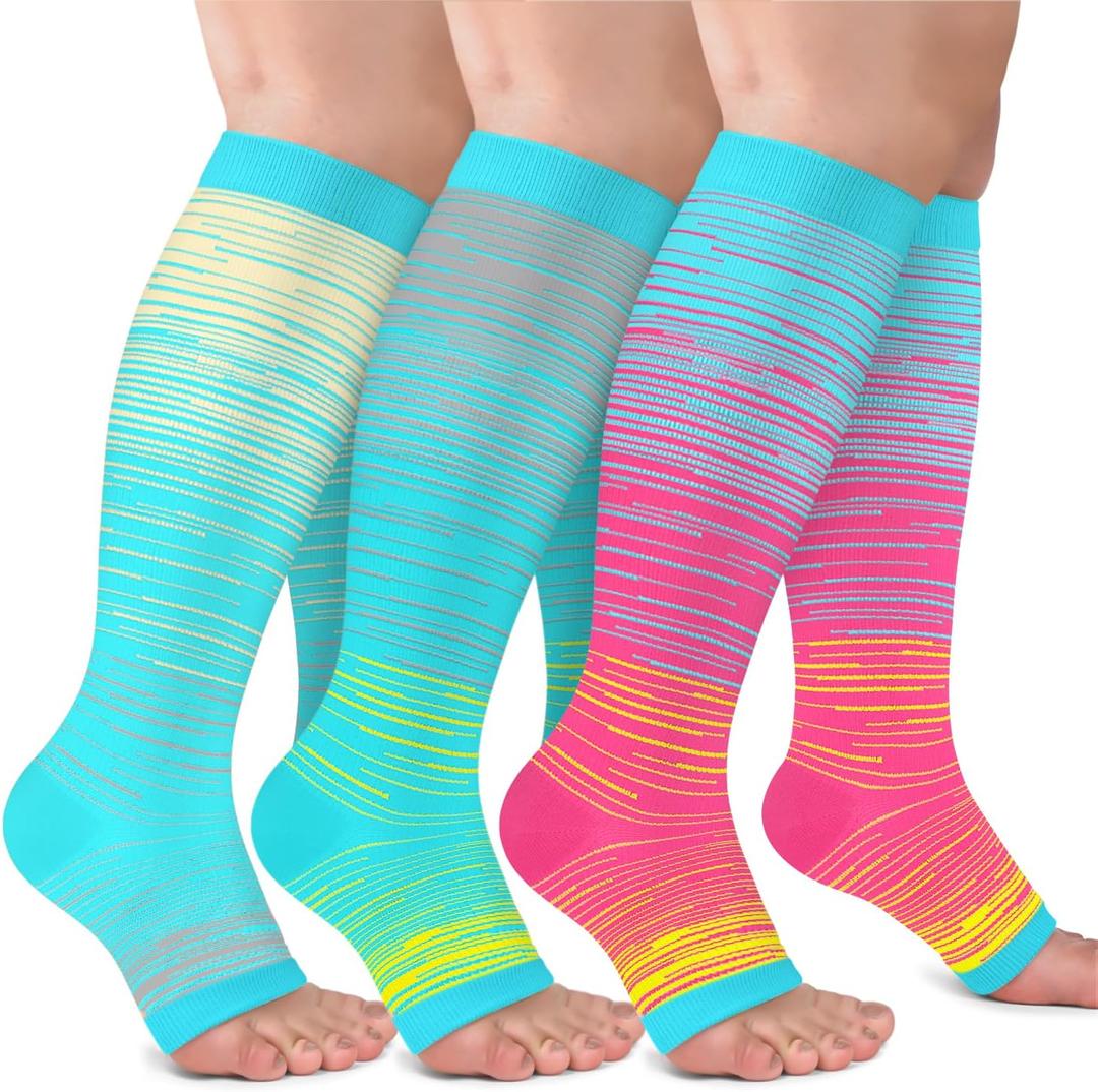 3 Pack Copper Compression Socks for Women & Men, 20-30mmHg Open Toe Knee High Stockings for Circulation Support (Small-Medium, C02-3 Pack Blue/Pink/Yellow)