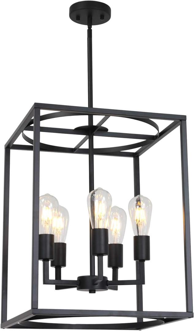 BONLICHT 5 Light Large Farmhouse Chandelier Rustic Dining Room Lighting Fixtures Hanging,Black Foyer Square Cage Pendant Lighting Vintage Industrial Kitchen Island Ceiling Lamp with Metal Art Shade