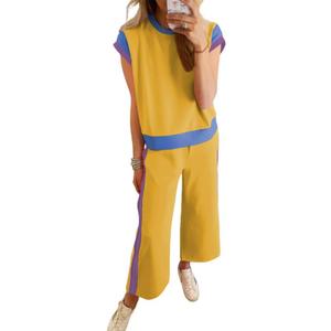 SHEWIN Women's 2 Piece Lounge Sets Casual Short Sleeve Pullover Tops Matching Wide Leg Pants Tracksuit Set (Yellow, XXL)