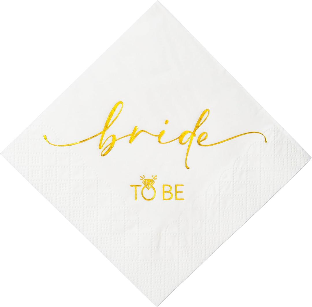 Crisky 50 Pcs Bride to Be Gold Foil Cocktail Disposable Paper Napkins for Engagement, Bridal Shower Party Decoration, 3-Ply