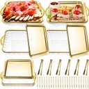 Baderke 6 Set 9" Chilled Serving Tray for Parties with Compartments Ice Chilled Party Platter Charcuterie Serving Board Cold Dish Dip with Fork Tong for Fruit Seafood Vegetable Appetizer (Gold)