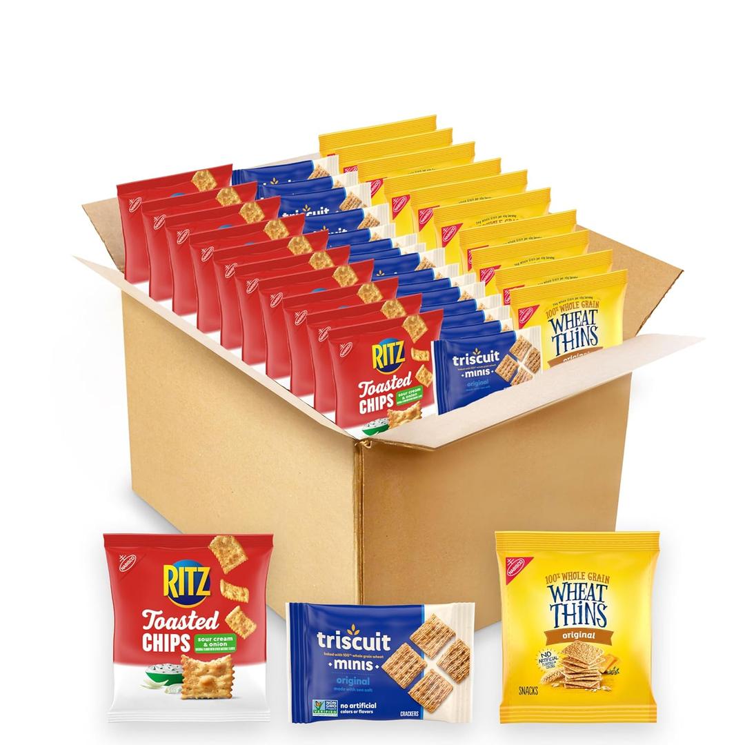 Nabisco Cracker Variety Pack, RITZ Toasted Chips, Wheat Thins Snacks Whole Grain Wheat Crackers and Triscuit Minis Whole Grain Wheat Vegan Crackers, 40 Snack Packs (EXP 10/01/26)