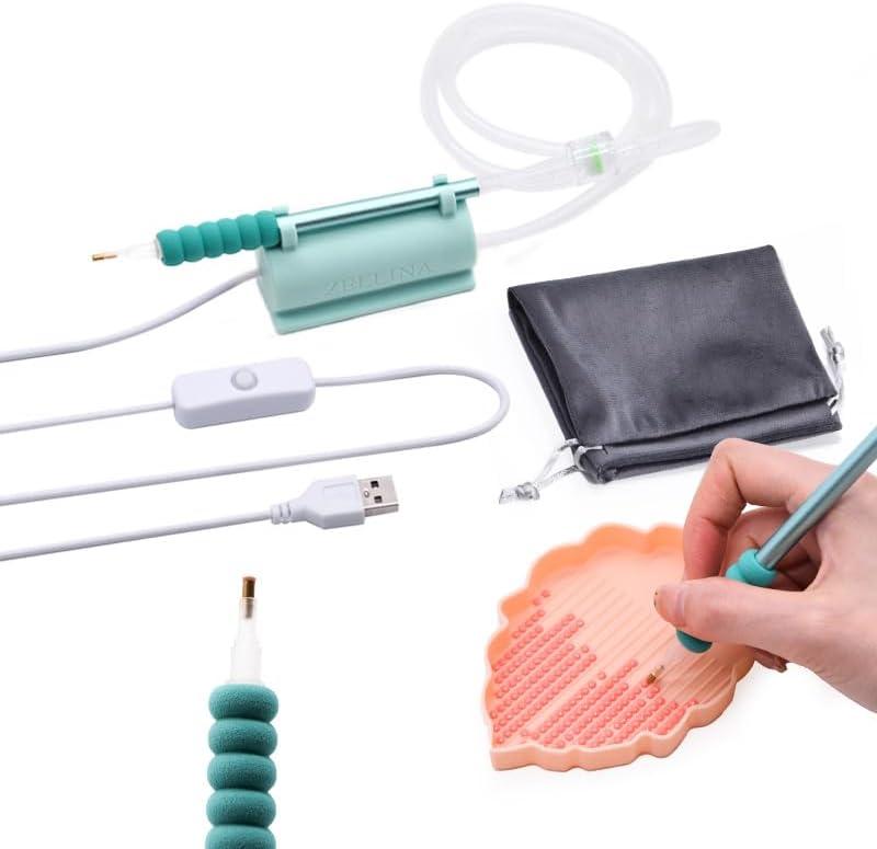 Zellina Electric Diamond Painting Pen, Vacuum Diamond Art Pens Tools and Accessaries Kit with Silicone Base, Storage Tray, No Wax Needed, Long-Lasting and Stable (Green)