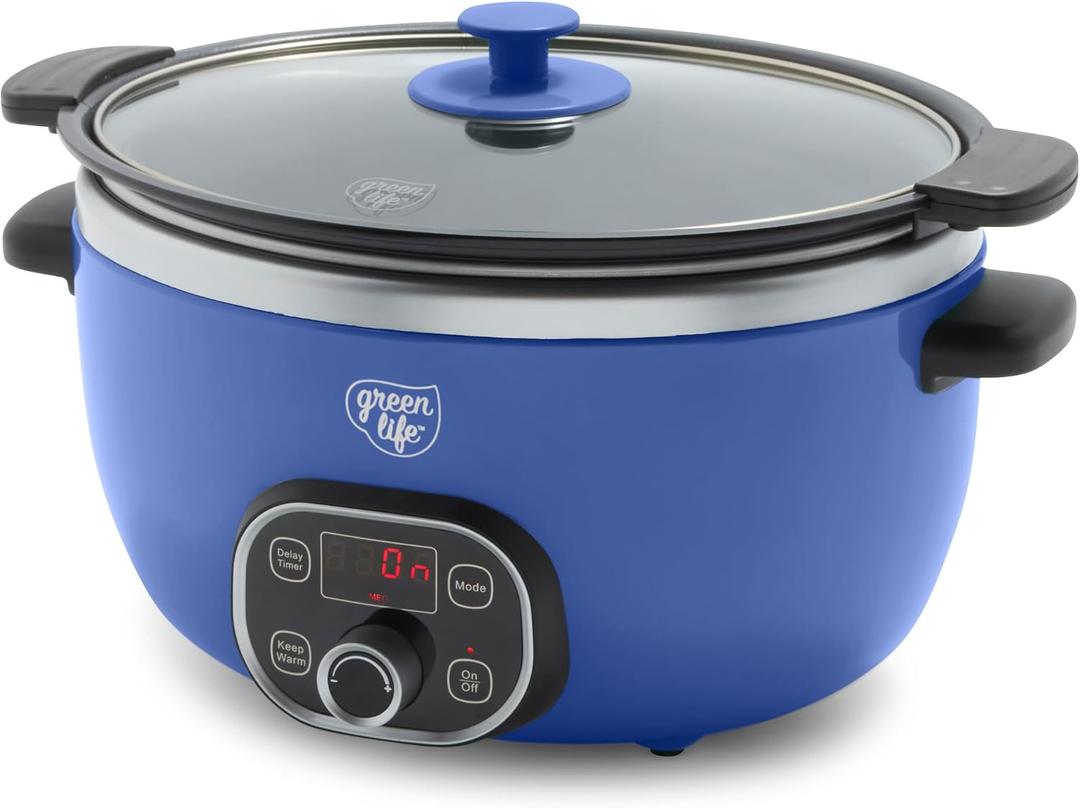 GreenLife 6QT Slow Cooker, Non-Toxic PFAS-Free Ceramic Nonstick Removable Interior Bowl, Programmable, Family Friendly, Keep Warm, Stovetop & Oven Safe, Dishwasher Safe Crock, Timer, Glass Lid, Blue, 6 Quarts