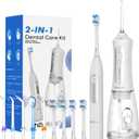 H2ofloss Sonic Electric Toothbrush and Water Flosser Combo, Rechargeable 2000mAh Toothbrush and 2500mAh Oral Irrigator with 300ml Tank, 4 Brush Heads, 5 Nozzles, 2 in 1 for Home and Travel (White)